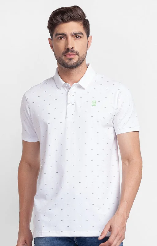 Bargain Blast Spykar White Cotton Half Sleeve Printed Casual Polo T-Shirt For Men