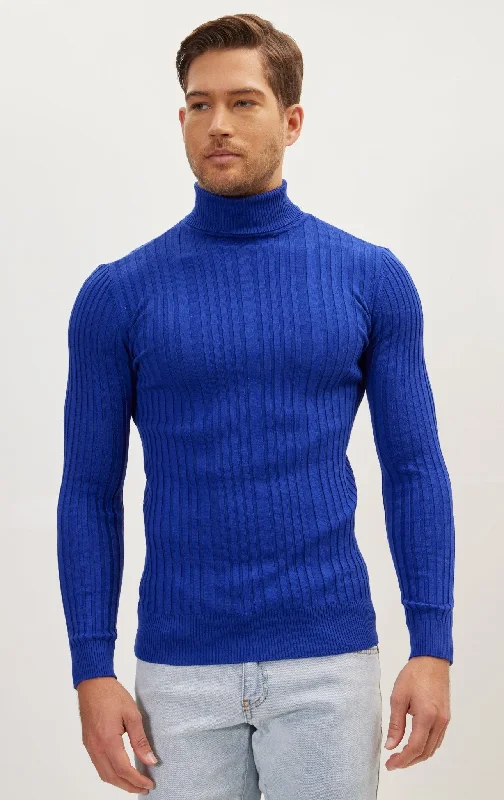 Super Sale Roll Neck Ribbed Sweater - Electric Blue
