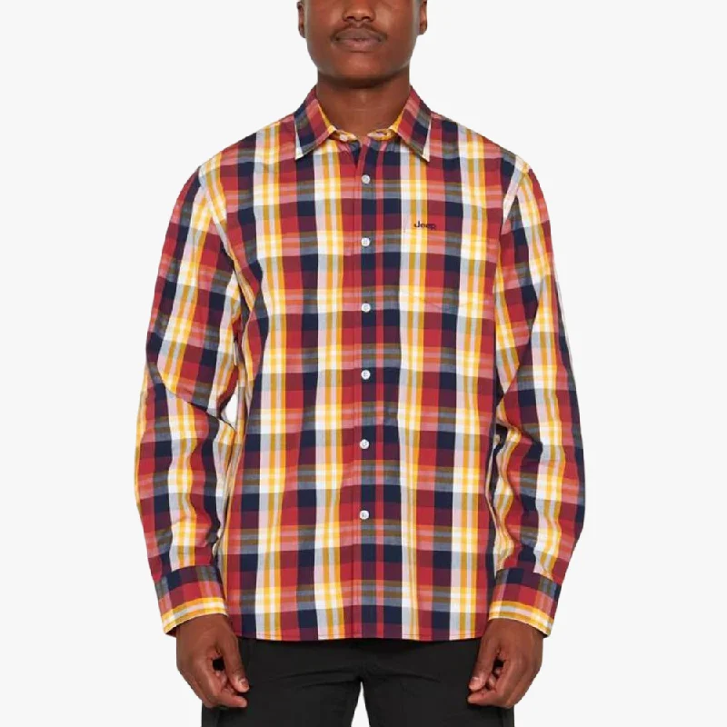 Big Discounts Jeep Mens Yarn Dyed Check Long Sleeve Shirt Burgundy Yellow