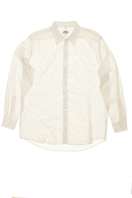 Weekend Offers You Can't Ignore Hermes - White Collared Checkered Men's Button Up Dress Shirt - IT 44