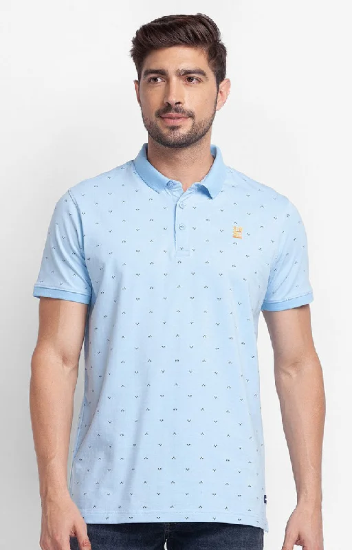 Deal Mania Spykar Powder Blue Cotton Half Sleeve Printed Casual Polo T-Shirt For Men