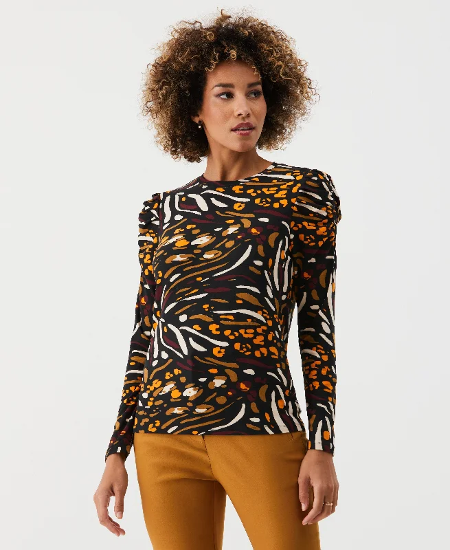 New Deal Animal Print Crew Neck Puff Sleeve Top
