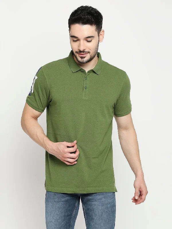 Spykar Cactus Green Cotton Half Sleeve Plain Casual Polo T-Shirts For Men