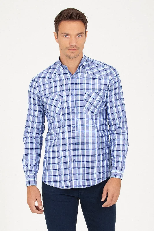 Slim Fit Plaid 100% Cotton Navy Casual Shirt