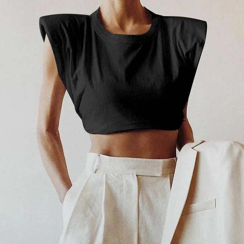 Big Deal Cotton Shoulder Pads Crop Tee
