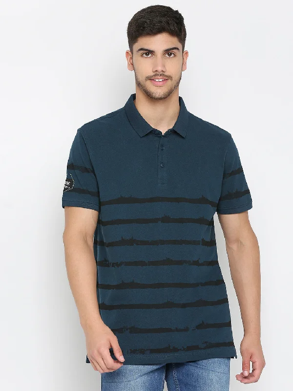 Spykar Teal Blue Cotton Half Sleeve Printed Polo T-Shirt For Men