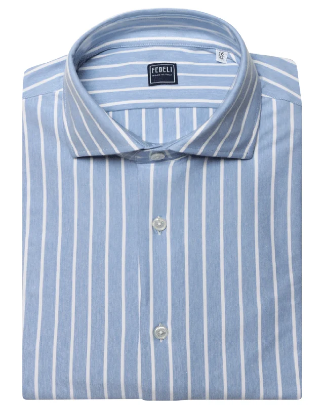Instant Deal Light Blue and White Wide Striped Stretch Cotton Blend Sportshirt