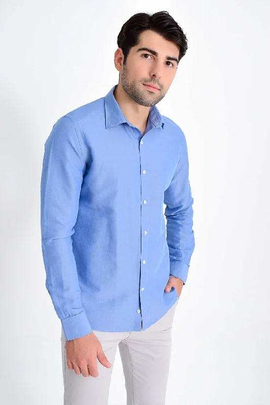 Act Now Slim Fit Long Sleeve Linen & Cotton Blue Casual Shirt