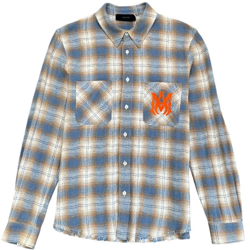 Men's Checked Logo Printed Flannel OverShirt Blue Size M