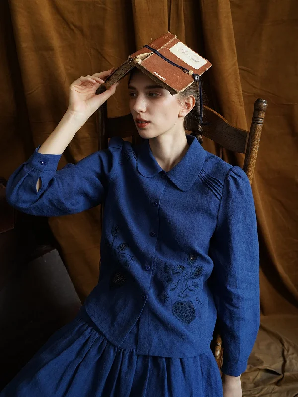 Steals and Deals Unlogical Poem Victorian style Floral Embroidered Pleated Blue Hemp Shirt