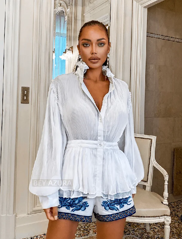 Weekend Deals to Brighten Your Day Ruched High Neck Lantern Sleeve Crinkled Shirt