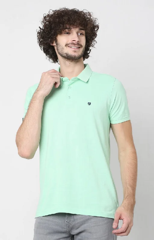 Extra Savings Men Premium Mint Green Cotton Regular Fit Polo T-Shirt - Underjeans By Spykar