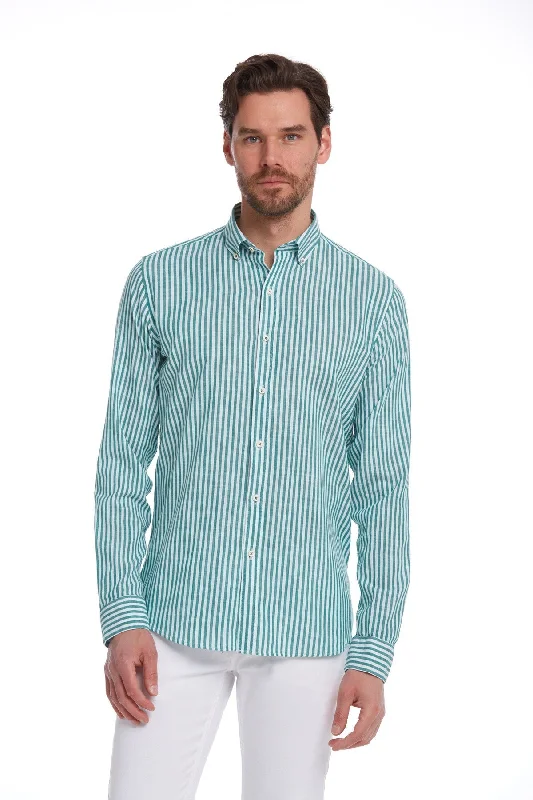 Clearance Items Comfort Fit Long Sleeve Striped Cotton Green Casual Shirt