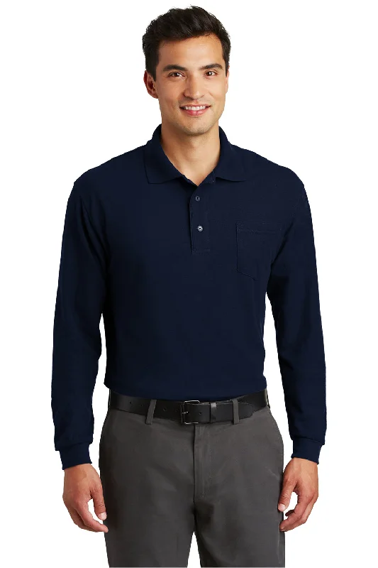 Exclusive Savings Port Authority Mens Silk Touch Wrinkle Resistant Long Sleeve Polo Shirt w/ Pocket - Navy Blue