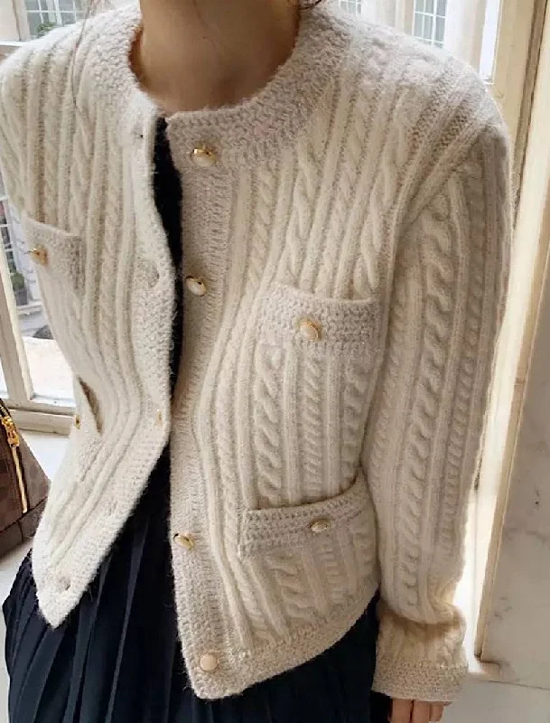 Weekend Specials to Cherish Chain Stitch Warm Sweater With Pearl Buttons