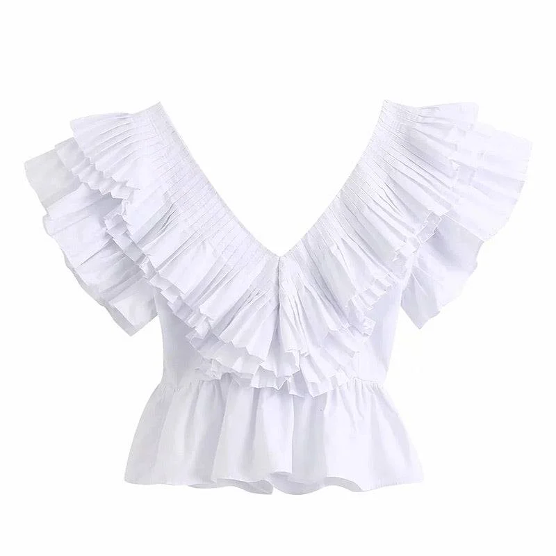 Year-End Sale White Ruffle V Neck Top
