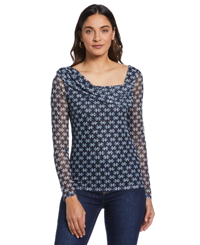 Weekend Savings Bonanza Petite Printed Mesh Drape Neck Top