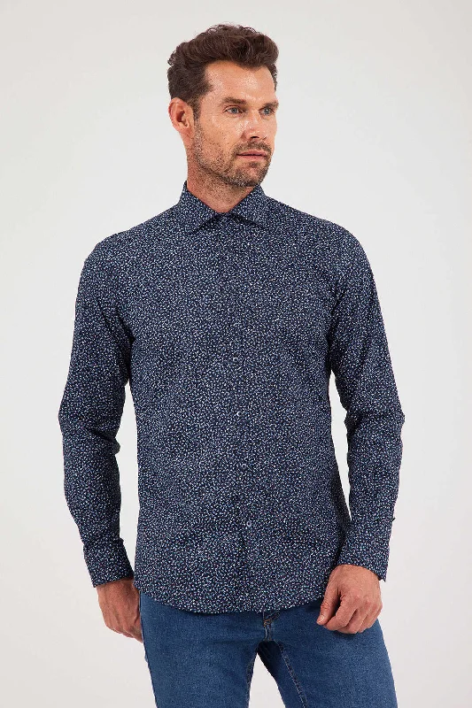 Regular Fit Printed Cotton Blend Navy Casual Shirt