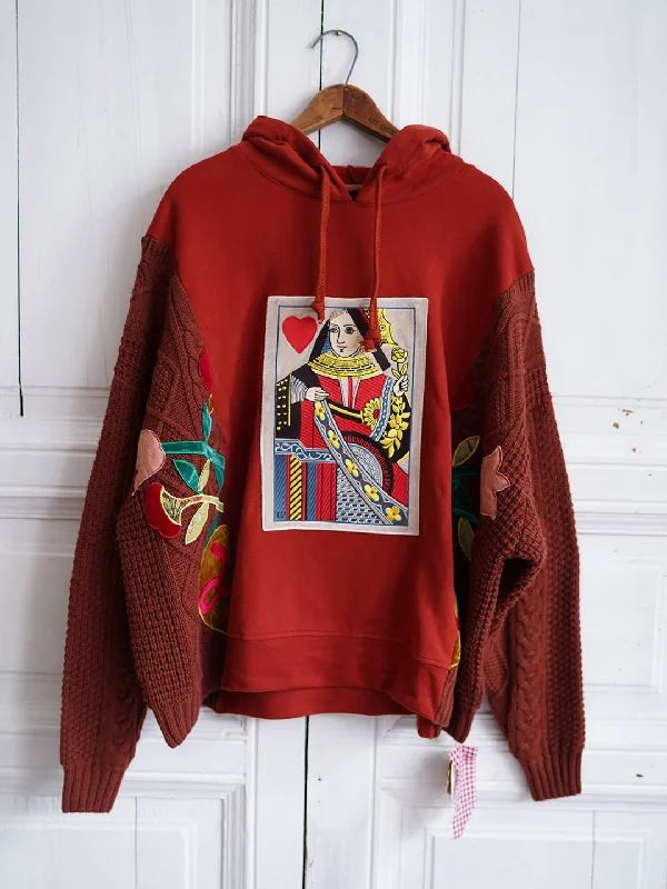 Weekend Deals to Make You Happy Unlogical Poem Poker Embroidery Patchwork Knitted Red Hoodie