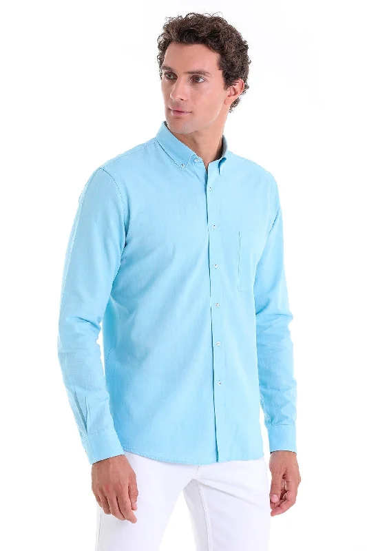 Special Savings Comfort Fit Long Sleeve Oxford Cotton Turquoise Casual Shirt