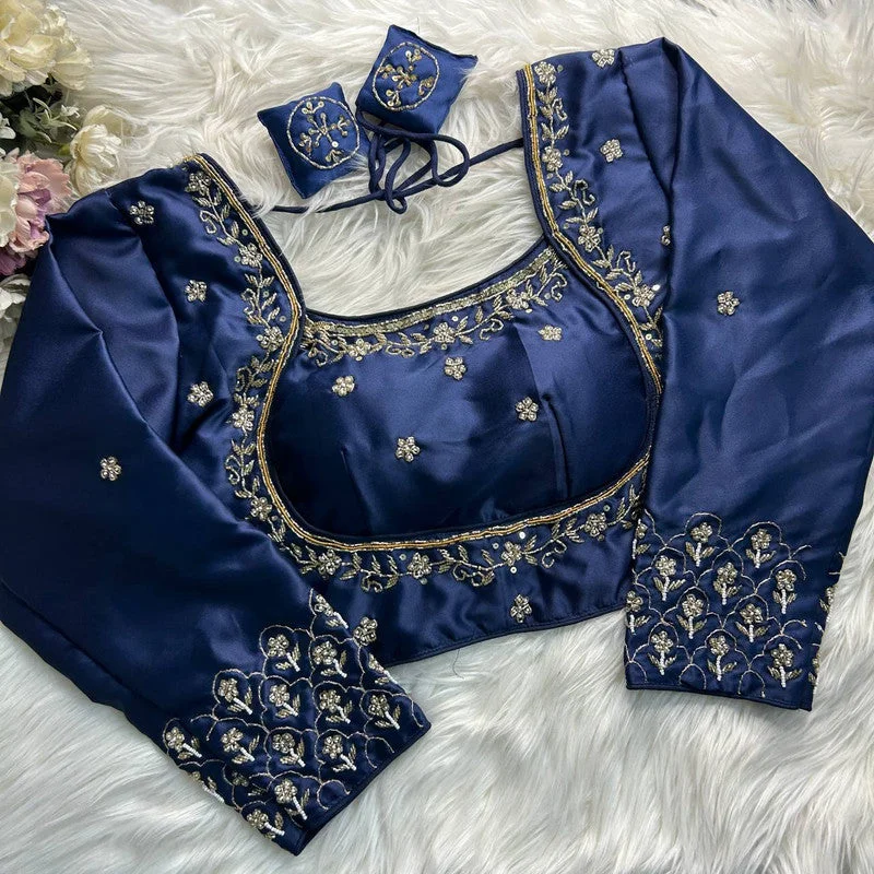 Exclusive Weekend Offers Inside Women's Navy Blue Colour Soft Silk Readymade Blouse
