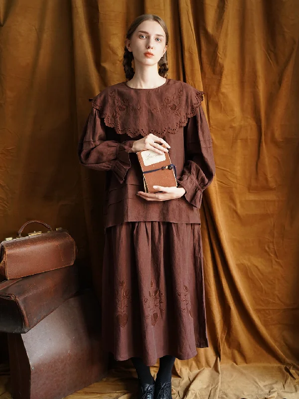 Weekend Savings Spectacle Unlogical Poem Victorian style Hollow Embroidery Brown Shirt