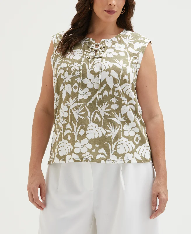 Special Offer Plus Size Tropical Print Lace-Up Tank Top