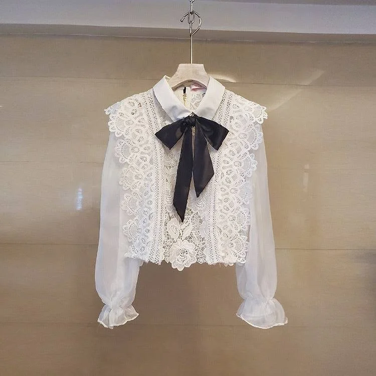 Weekend Shopping Made Better White Lace Sheer Bow Neck Shirt