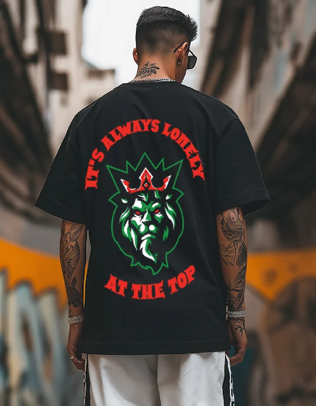 Super Deal ALWAYS LONELY AT THE TOP Black Oversized Back Puff Printed Tshirt