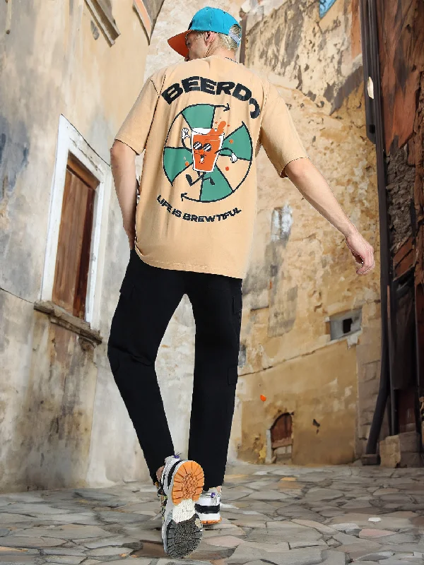 Unmissable Offer BEERDO  Beige Oversized Back Puff Graphic Printed Tshirt