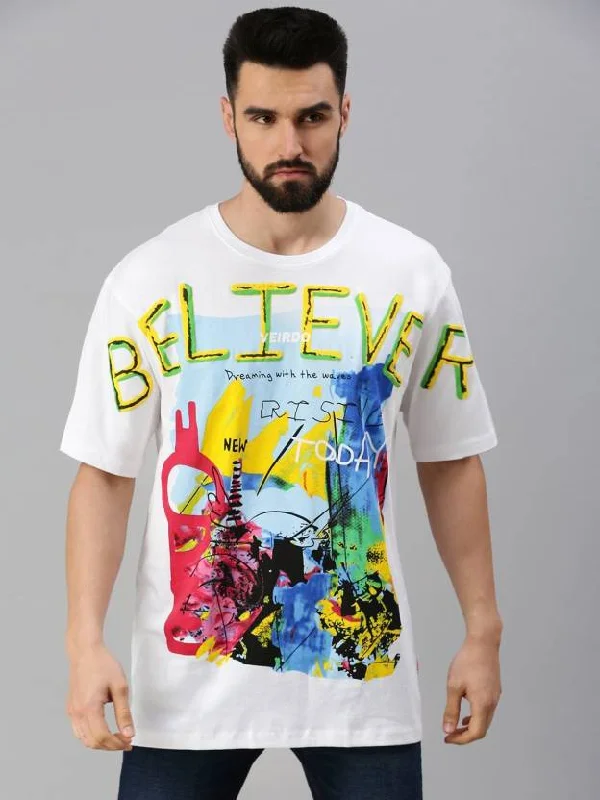 Huge Discounts Believer White Oversized Front Graphic  Printed Tshirt(Free Size)