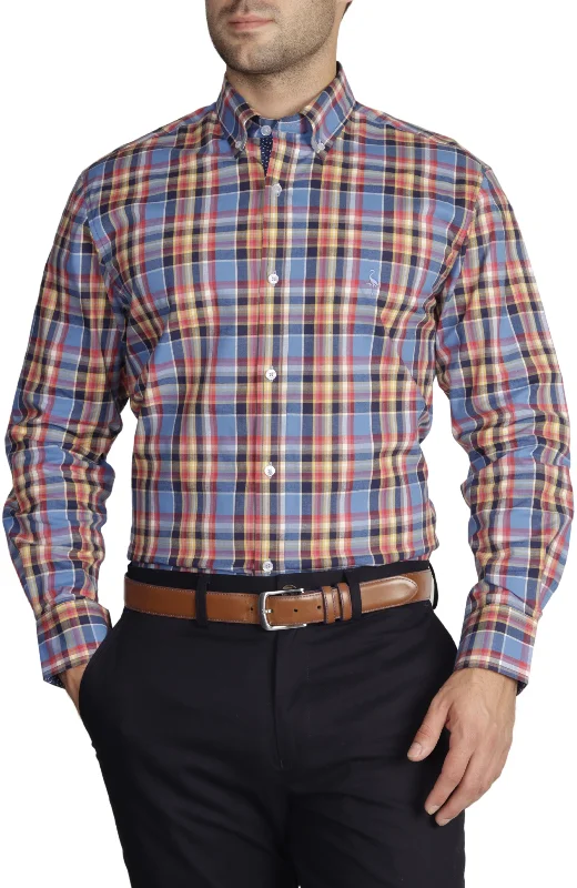 Blue Plaid Cotton Stretch Long Sleeve Shirt