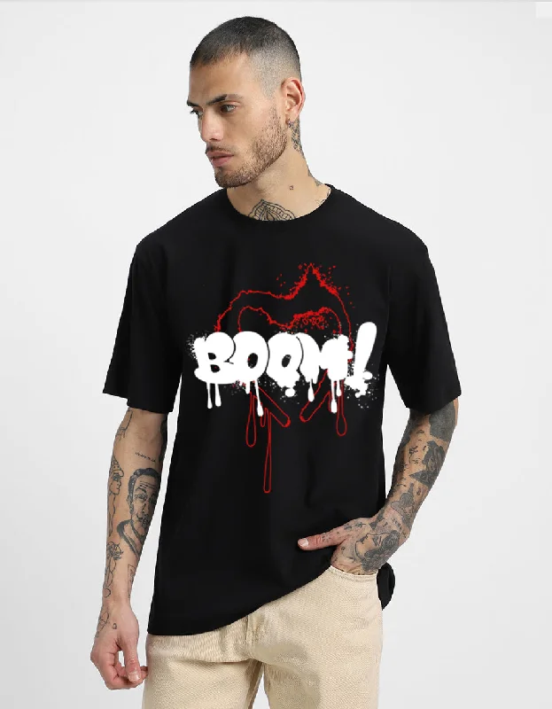 New Markdowns Boom Black Oversized  Chest Typographic Printed Tshirt