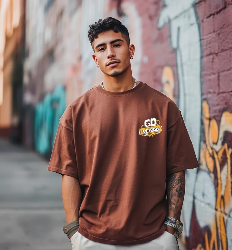 Weekend Deals That Dazzle Go Veirdo Brown Oversized Pocket Graphic Printed Tshirt