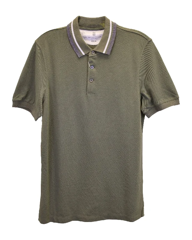 Brunello Cucinelli Polo Shirt in Army Green Cotton Pique