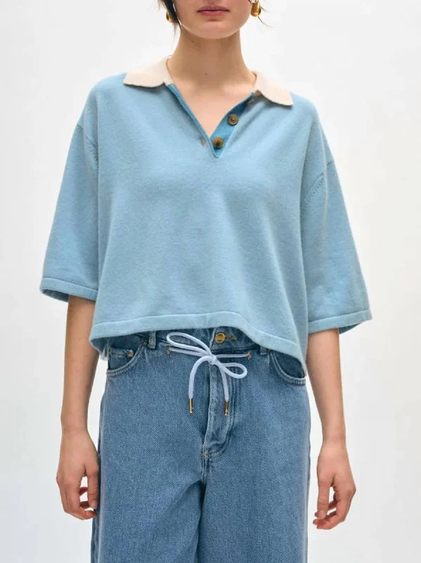 Cashmere Cropped Polo Shirt In Slate Blue