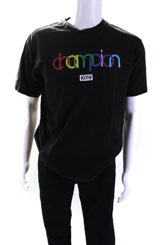 Price Buster Champion x Kith Mens Jersey Knit Crew Neck Short Sleeve T-Shirt Tee Black