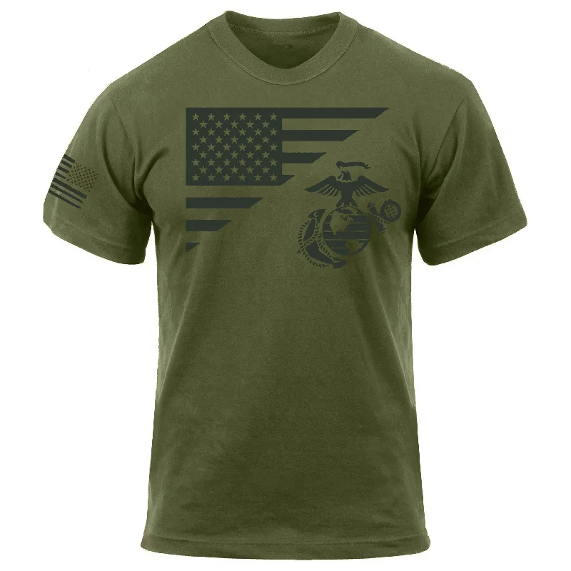 Price Reduction Marines Split Flag & EGA Olive Drab Tee with Flag Sleeve