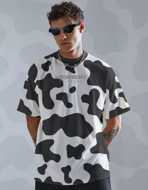 Early Access Cow Black Oversized All Over Animal Printed Half Sleeve Tshirt