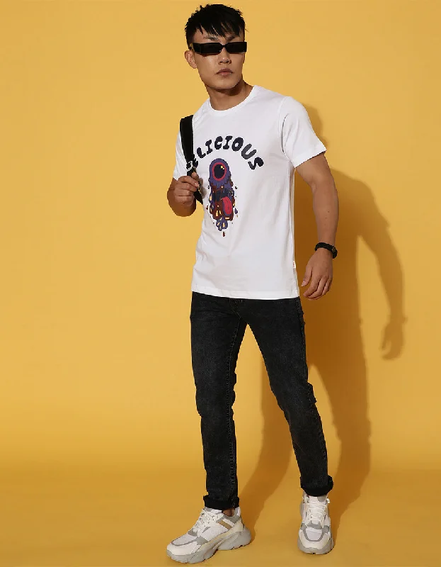 Make Your Weekend Count with Savings Delicious White Chest Graphic Regular Printed Tshirt