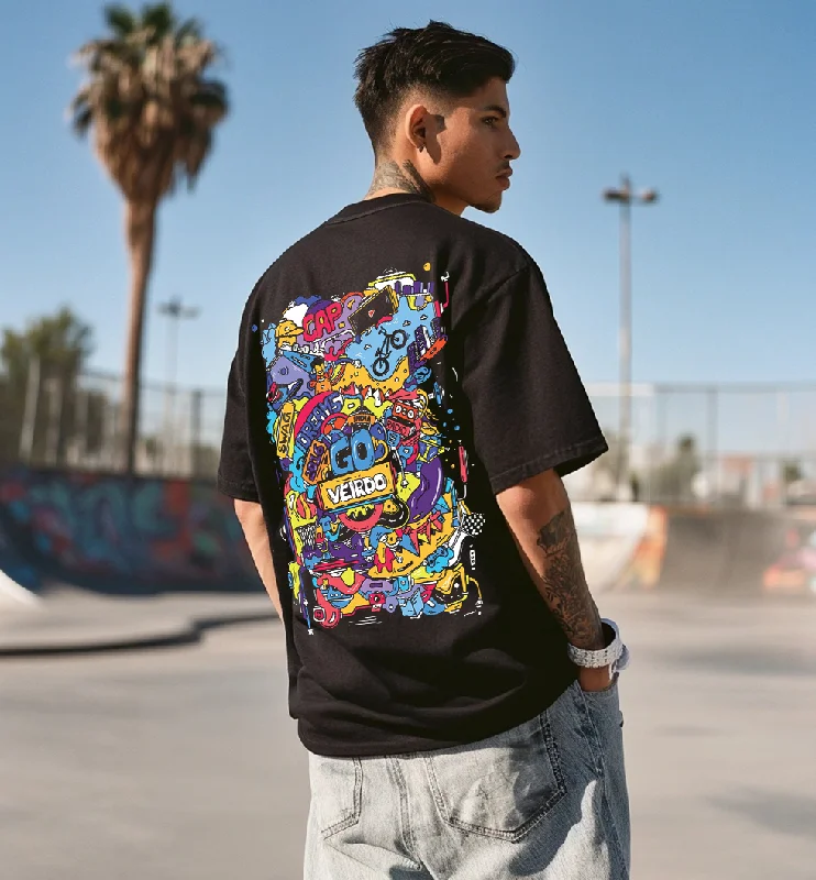 Act Fast Doodle Black Oversized Back Graphic Printed Tshirt