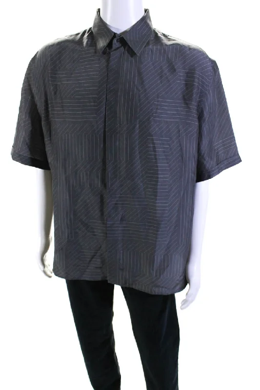 Deal Frenzy Fendi Mens Silk FF Shadow Pinstripe Short Sleeve Button Up Shirt Gray