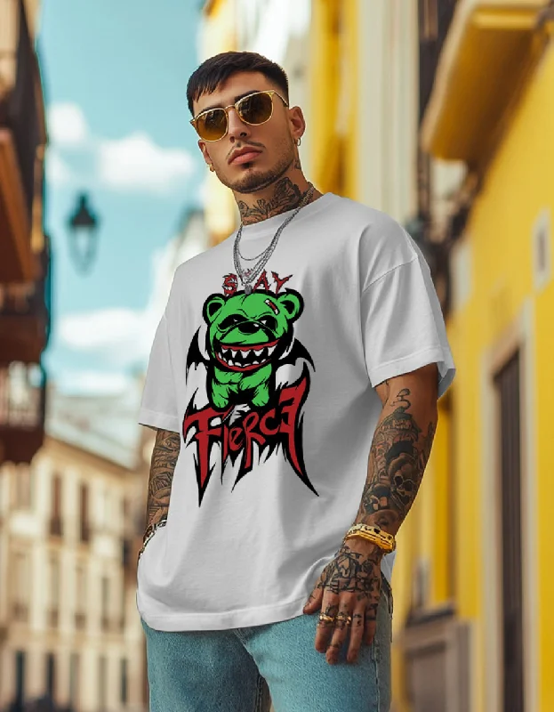 Savings Spectacular FIERCE White Oversized Front Graphic Printed Tshirt