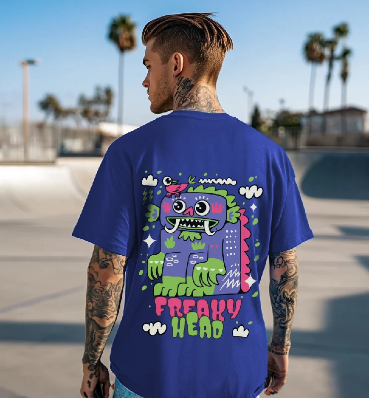 New Arrival Freaky Head Blue Oversized Back Graphic Printed Tshirt