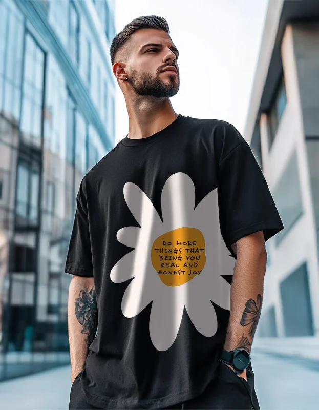 Weekend Bargains to Enjoy Flower Black Oversized Placement Graphic Printed Tshirt