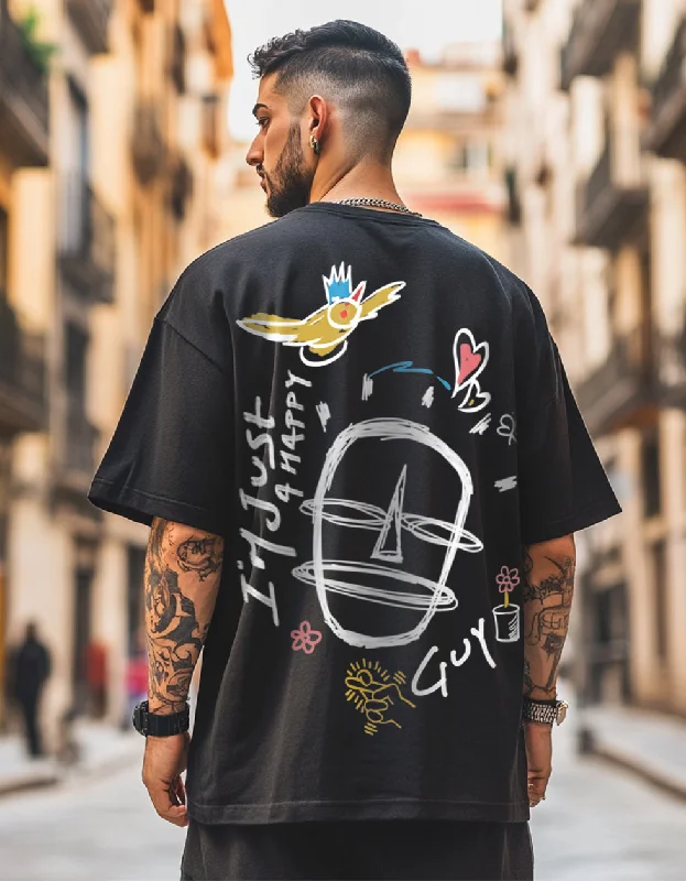 Exclusive Savings Happy Guy Black Oversized Back Graphic Printed Tshirt