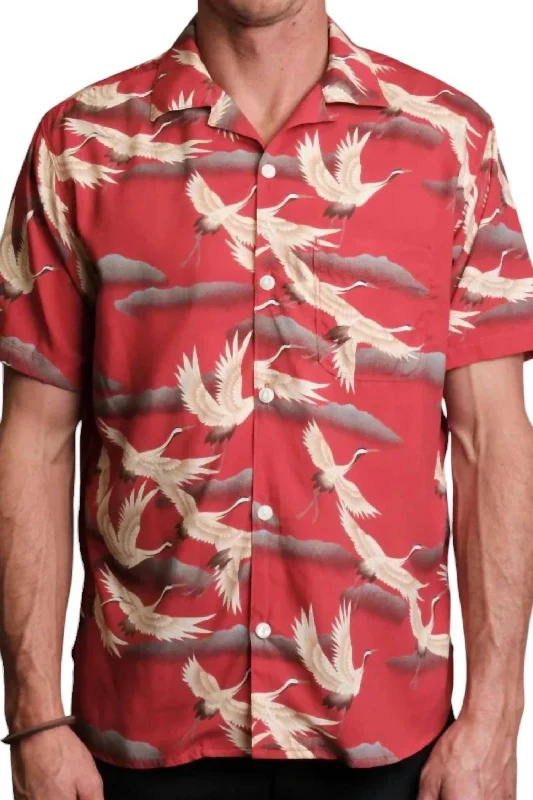 Hawaiian Crane Button Up Shirt In Red