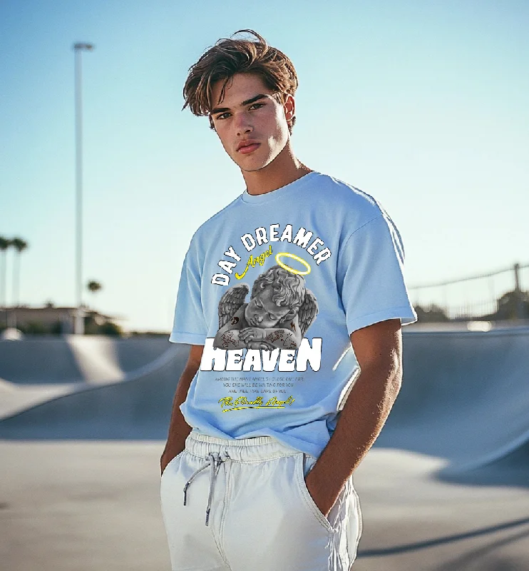 Weekend Bargains to Relish Heaven Blue Oversized Chest Graphic Printed Tshirt