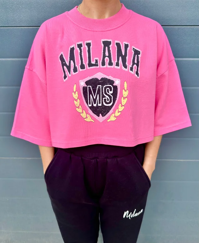 Hot Pink Crest Cropped Heavyweight T-shirt.