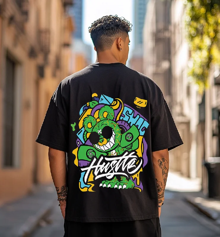 Weekend Discounts to Indulge In Hustle Black Oversized Back Graphic Printed Tshirt
